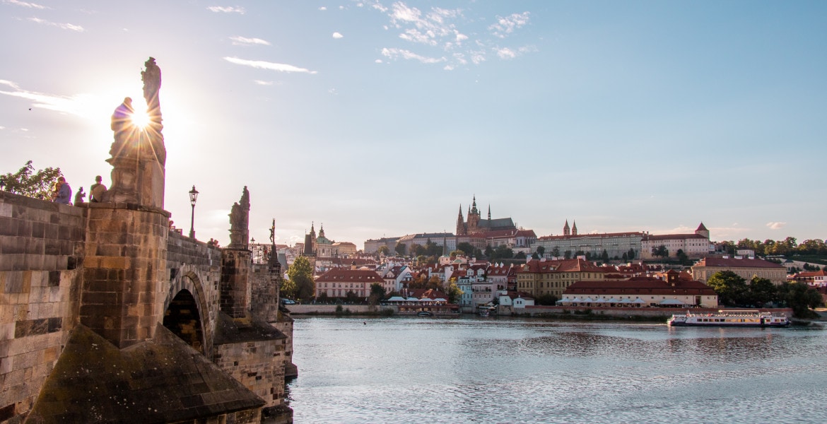 View of the Charles Bridge & Prague castle from the waterfront