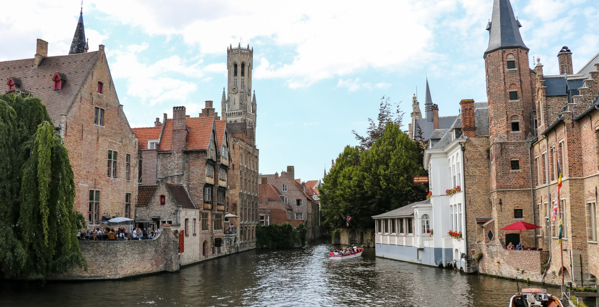 The Quay of the Rosary (or Rozenhoedkaai) in Bruges, Belgium, with its canals and historical buildings