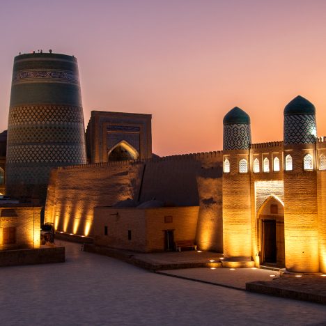 Sunset view over Itchan Kala with the Kalta Minor in Khiva, Uzbekistan’s Most Magical City