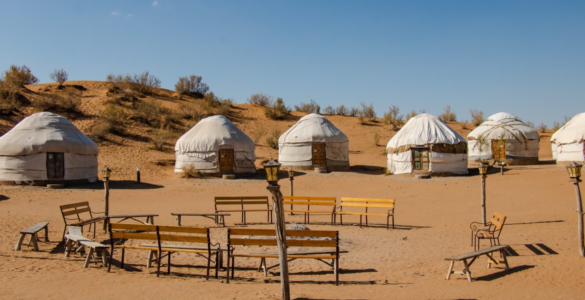 Spending the night in a yurt camp in the Kyzyl Kum desert near Aydar Lake in Uzbekistan
