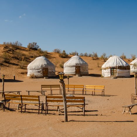 Spending the night in a yurt camp in the Kyzyl Kum desert near Aydar Lake in Uzbekistan