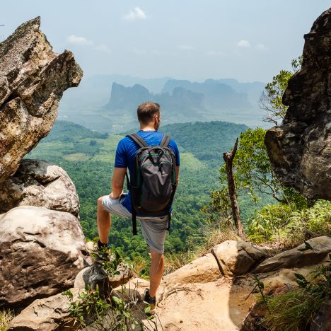 Viewpoint from Dragon Crest Mountain over Krabi's jungle forest and limestone karst mountains in Thailand