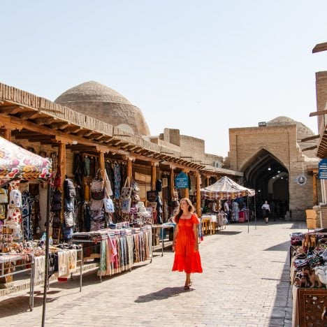 Trading domes & old bazaars with vendors selling handmade souvenirs in Bukhara Uzbekistan