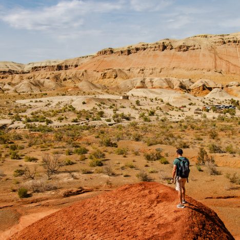Views of the Aktau Mountains from on top of the red hills at Altyn Emel National Park in Kazakhstan