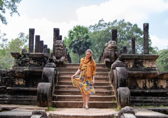 Dressed modestly for visiting temple ruins in Polonnaruwa Sri Lanka