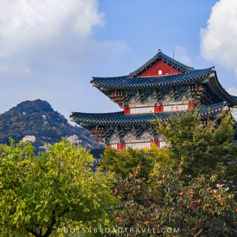 Joseon dynasty architecture at Gyeongbokgung Palace with Seoul's mountains in the background