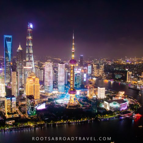 Aerial view of the Pudong skyline with its famous skyscrapers in Shanghai at night
