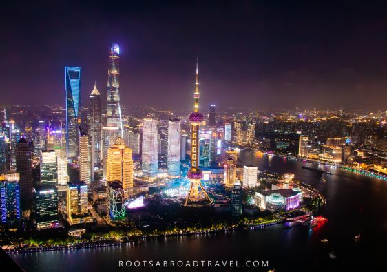 Aerial view of the Pudong skyline with its famous skyscrapers in Shanghai at night