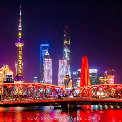 Best Shanghai photo spot of the pudong skyline at night with Waibadu bridge