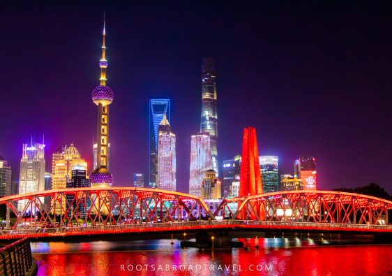Best Shanghai photo spot of the pudong skyline at night with Waibadu bridge