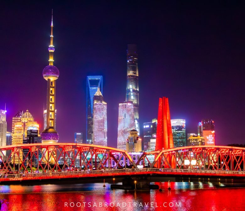 Best Shanghai photo spot of the pudong skyline at night with Waibadu bridge