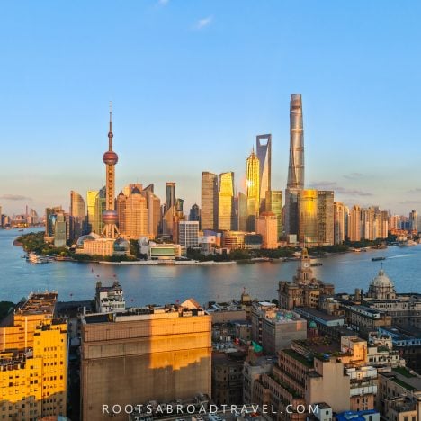Huangpu River, Skyscrapers & Pudong Skyline in Shanghai at sunset