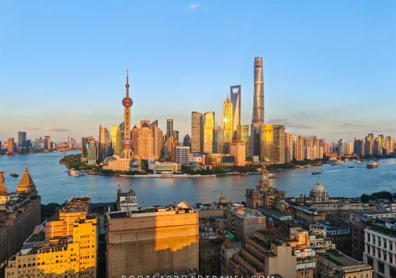 Huangpu River, Skyscrapers & Pudong Skyline in Shanghai at sunset