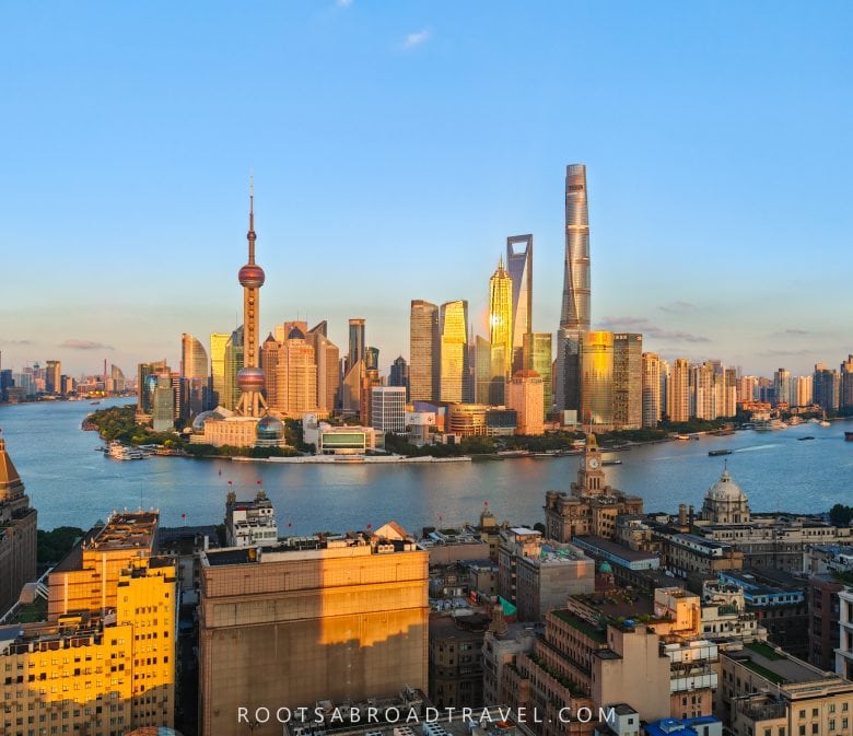 Huangpu River, Skyscrapers & Pudong Skyline in Shanghai at sunset
