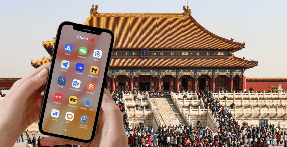 The Forbidden City in Beijing with hands holding a phone showing the best China travel apps