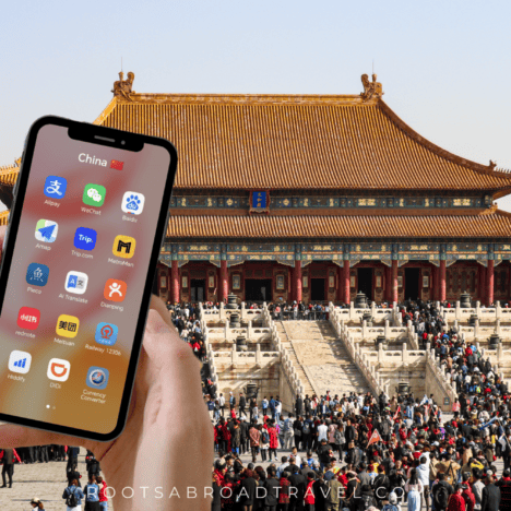 The Forbidden City in Beijing with hands holding a phone showing the best China travel apps