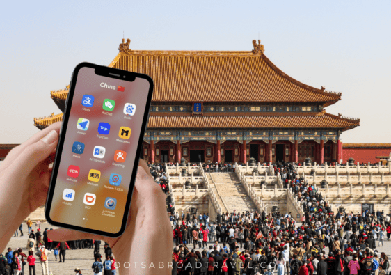 The Forbidden City in Beijing with hands holding a phone showing the best China travel apps