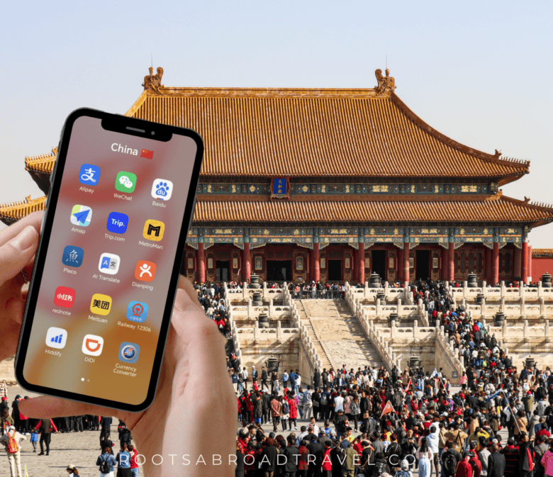 The Forbidden City in Beijing with hands holding a phone showing the best China travel apps